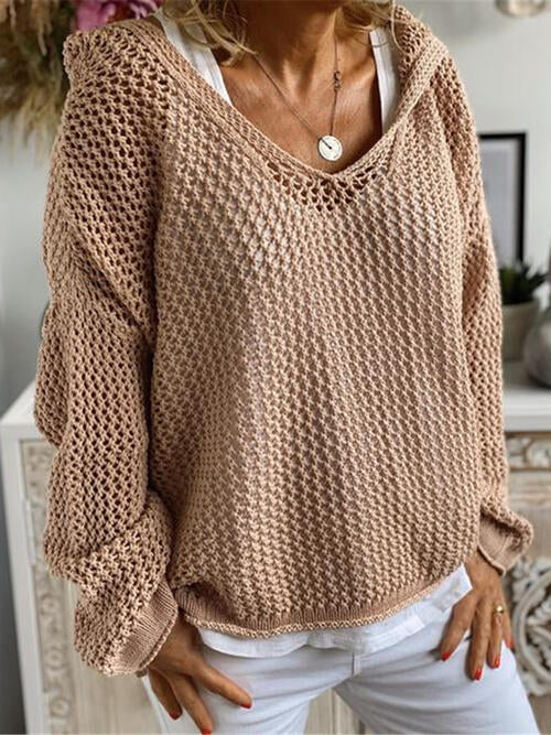 Hooded Openwork Long Sleeve Sweater