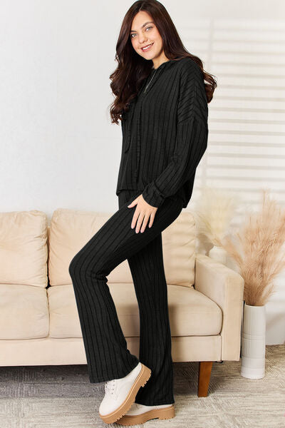 Basic Bae Full Size Ribbed Drawstring Hood Top and Pants Set